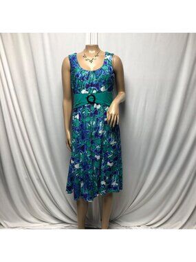 Perceptions New York Dress Womens Sz Medium Blue Green Sleeveless Floral Stretch